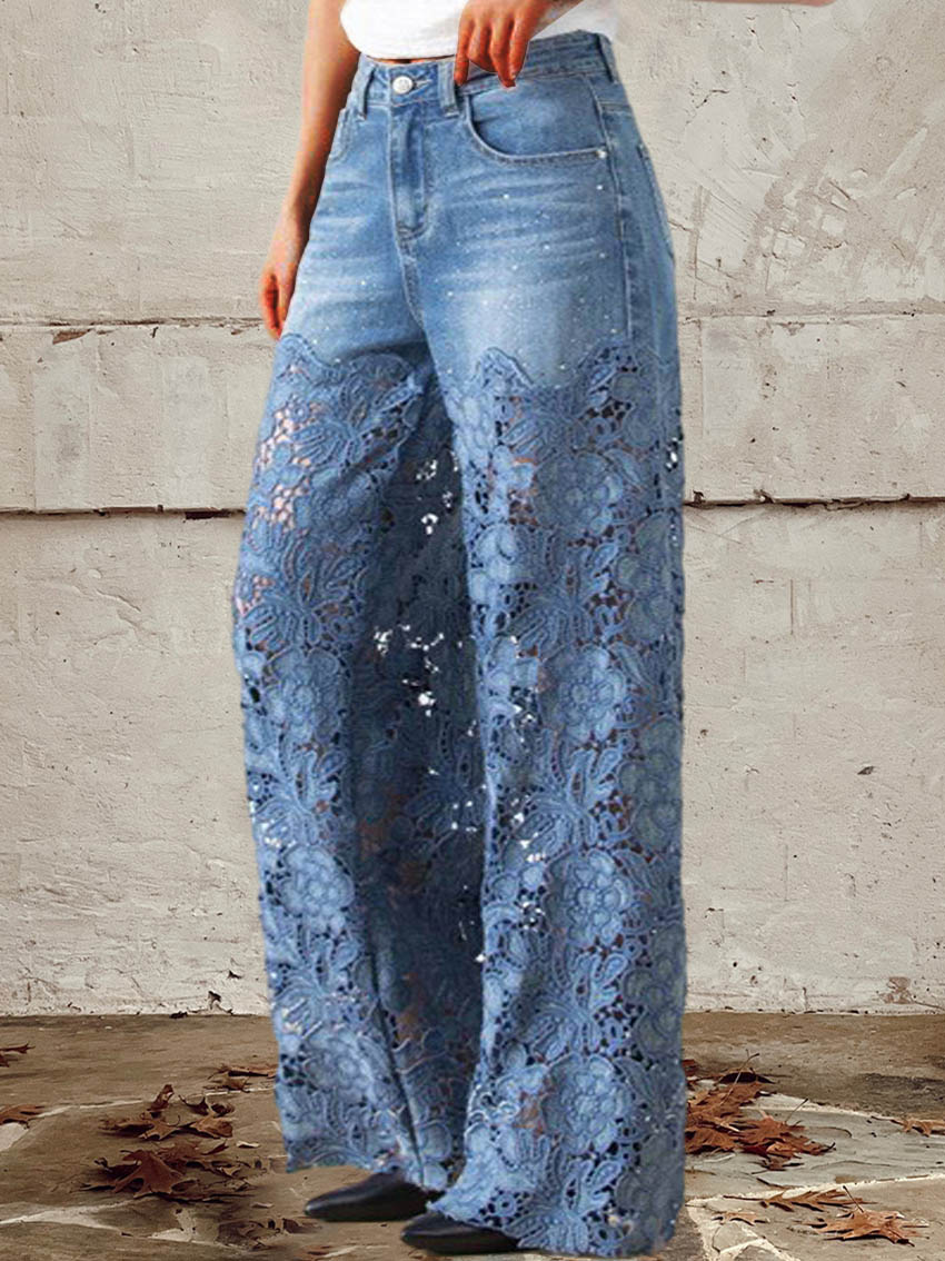 Ava | Elegant Lace Patchwork Denim Pants